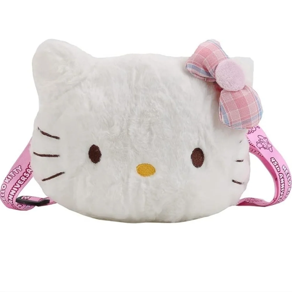 Pink white Hello Kitty over the shoulder plush purse bag with zipper and strap
